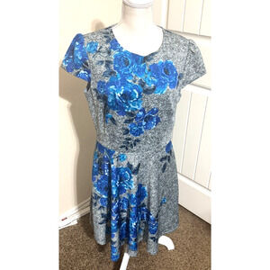 BETSEY JOHNSON Fit & Flare Dress Blue Grey floral knee length A-line Retro sz 12